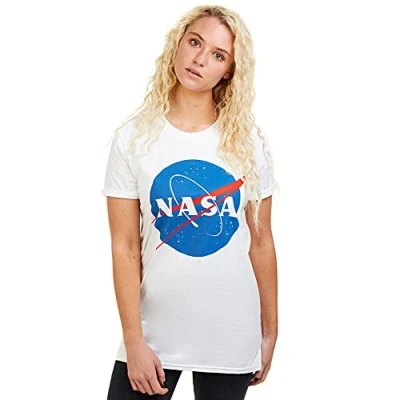 Image of Nasa Women&#039;s CIRCLE LOGO Regular Fit Crew Neck Short Sleeve T Shirt, White (White White), 8 (Manufacturer Size:Small)