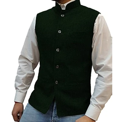 Image of Mens Herringbone Wool Vests Suit Business Tweed High Collar Waistcoats Slim Fit(3X Large, Army Green)