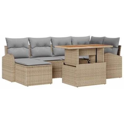 Image of vidaXL 7 Piece Garden Dining Set with Cushions Beige Poly Rattan Acacia