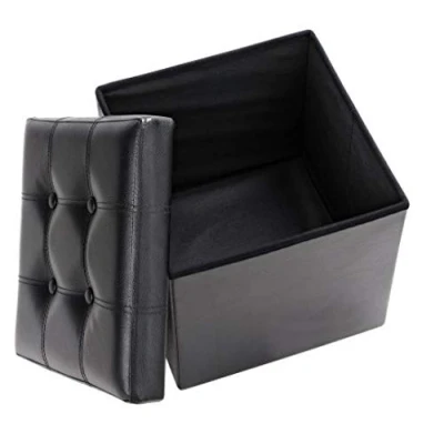 Image of CASARIA® 40cm Square Foldable Stool with Storage Space Faux Leather Removable Padded Lid 40x40cm Upholstered Ottoman 40 Litre Capacity Chest Shoe Accessory Store Box Black
