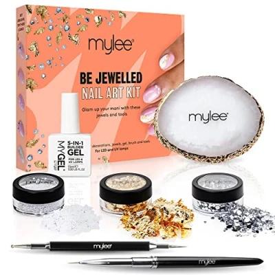Image of Mylee Be Jewelled Nail Art Kit, Clear Builder Gel, Dotting Tool, Brush, Mixing Palette, Assorted Pearls, Gems, Gold Leaf, For Use on Natural Nails, Acrylic False Nails &amp; Tips