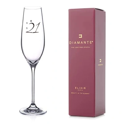 Image of DIAMANTE Swarovski 21st Birthday Champagne Flute Single Crystal Glass with Platinum 21 Embossed and Crystals Gift Boxed