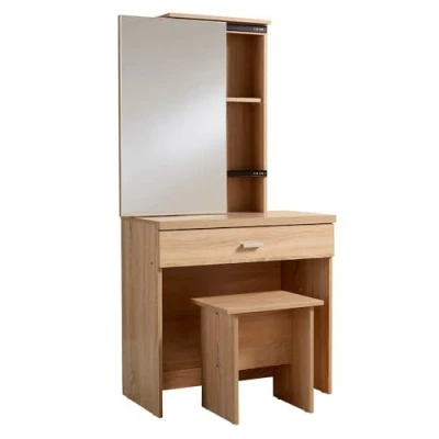 Image of Home Source Dressing Table, Sliding Storage Vanity Mirror and Stool, 1 Drawer, Oak Effect
