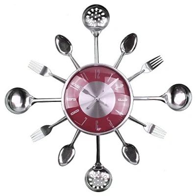 Image of Timelike Wall Clock, 18&quot; Metal Kitchen Cutlery Utensil Spoon Fork Clock Creative Modern Home Decor Antique Style Watch (Red)