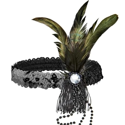 Image of WIDMANN 9099T Headband with Sequins, Feathers and Pearls, Adult Woman, 20s, 30s, Charleston, Gangster, Carnival, One Size, Black Color