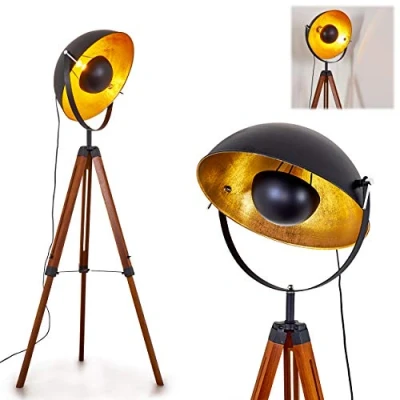 Image of hofstein Floor lamp Jupiter, Vintage in Black/Gold Made of Metal w. Frame Wood, Ø 55cm, E27 socket, Adjustable Light Retro Design, Without Bulbs