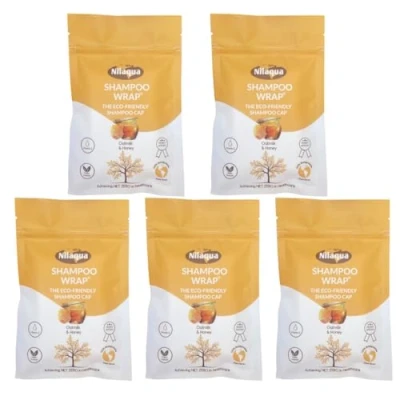 Image of Nilaqua NO Rinse Shampoo Wrap_the World&#039;s First Biodegradable Cap 100% Bamboo free Pleasant Fragrance Oatmilk &amp; Honey 5pack