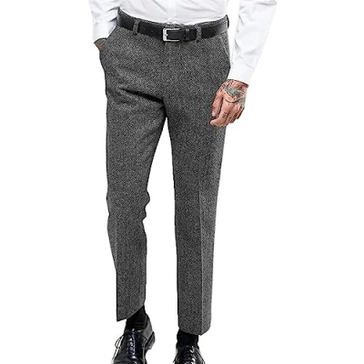 Image of Solovedress Men&#039;s Vintage Herringbone Suit Trousers Regular Fit Business for Wedding Groomsmen, gray, 34 W/34 L