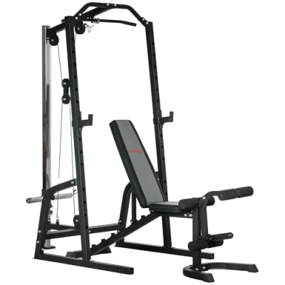 Image of SPORTNOW Smith Machine &amp; Cable Pulley System with Adjustable Weight Bench, Multifunction Home Gym Power Rack Lat Pull Down System, Barbell for Full Body Training, Black