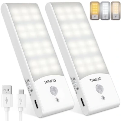 Image of Motion Sensor Lights Indoor, 2Pack LED Night Light Rechargeable with 3 Modes, Warm&amp;White Color, 15% 100% Dimmable Wardrobe for Cupboard, Stair, Cabinet, Bedroom, Kitchen, Hallway