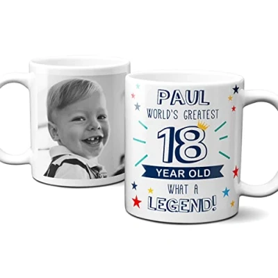 Image of Thoughtful Gifts Personalised World’s Greatest Age 18 Mug, 18th Birthday, Photo Mug for Year Old boy, Cup Gift Old. Add Name and