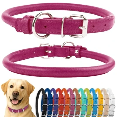 Image of CollarDirect Rolled Leather Dog Collar, Soft Padded Round Puppy Handmade Genuine Collar Small Large Cat Collars Black Pink Red Purple Blue (Fits 16&quot; 20&quot; Neck, Pink)