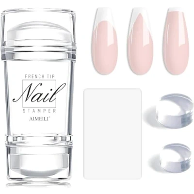 Image of AIMEILI French Tip Nail Stamp 4PCS Art Stamper Kit Clear Silicone Stamping Double headed Jelly for Nails with Scrapers Manicure Home DIY Salon
