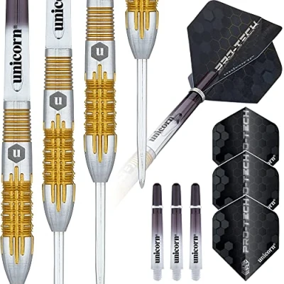 Image of Unicorn Steel Tip Darts Set Pro Tech Style 1 90% Natural Tungsten Barrels with Golden Accents &amp; Volute Points 22 g