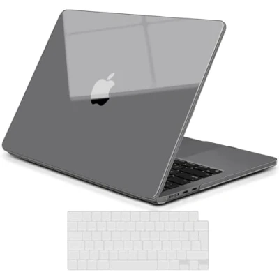 Image of TECOOL Premium Case compatible with MacBook Air M3 M2 13.6 inch 2024 A3113 2022 A2681, Ultra Thin Hard Shell &amp; UK EU TPU Keyboard Cover, Glossy Clear Space Grey