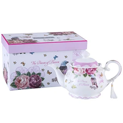 Image of Tea Pots, Large Teapot Milk Jug Sugar Bowl Afternoon Set Teapots New Bone China Vintage Flora Gift for Her 1300ml (Teapot Bird Rose Butterfly)