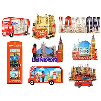 Image of Set of 8 UK London Icons Design Metal &amp; Resin Mix Fridge Magnets (Shoponica)