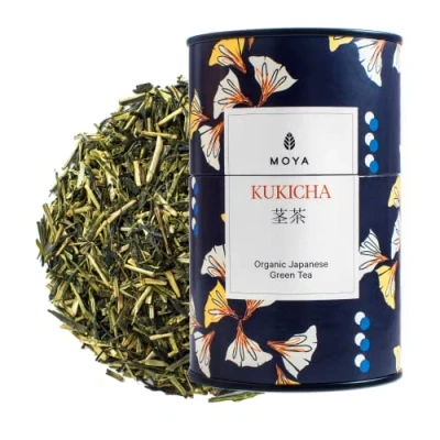 Image of Moya Organic Japanese Kukicha Green Tea Loose Leaf 60g from Japan Friendly for Vegans and Vegetarians Packed in Multicolored Carton Tin Perfect a Gift