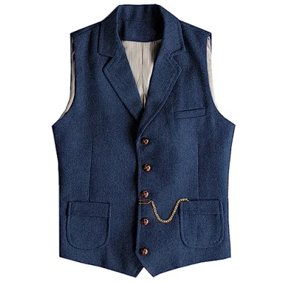 Image of AeoTeokey Men&#039;s Western Herringbone Tweed Suit Vest Wool Slim Fit Waistcoat (Navy,4XL)