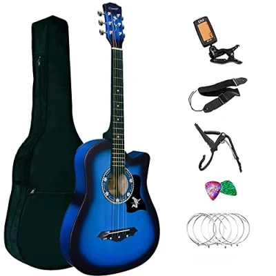 Image of Crystals Acoustic Guitar Full Package Pack with Accessories 4/4 Size 38&quot; Classic 6 Strings (Blue)