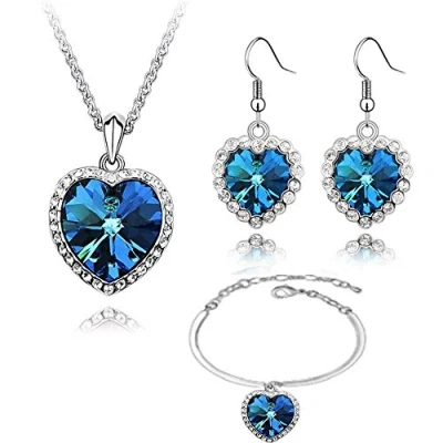 Image of Crystalline Azuria Women 18ct White Gold Plated Blue Crystals Heart of the Ocean Set Pendant Necklace Dangle Earrings Bracelet