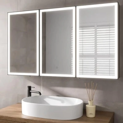 Image of BAYSTONE® 1200 x 700mm Bathroom Mirror Cabinet LED Lights Wall Mounted Shaver Demister Illuminated Mirrors for Bathrooms, Mains Powered, Touch Sensor
