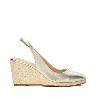 Image of Dune London Womens Ladies Cadance Patent Sling Back Raffia Wedge Gold Size UK 8