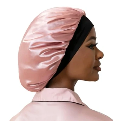 Image of Hat Hut Satin Bonnet Silk Sleep Cap for Women Hair Curly Sleeping Adjustable Wide Band Double Layer (Pink)
