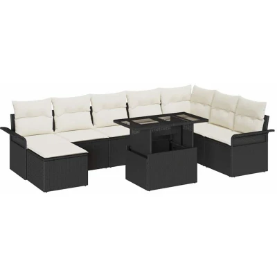 Image of vidaXL 9 Piece Garden Sofa Set with Cushions Black Poly Rattan