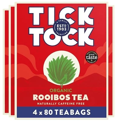 Image of Tick Tock Organic Rooibos Tea, Caffeine Free Pack of 4 x 80 Tea Bags (320 Teabags), Naturally Sweet Herbal Biodegradable, UK, Redbush for Wellbeing and Relaxation