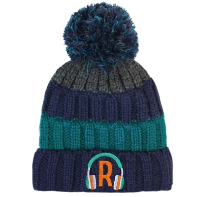 Image of TeddyT&#039;s Personalised Initial Boys Blue Striped Headphones Chunky Bobble Hat (5 12 Years)