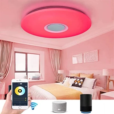 Image of WiFi Round LED Music Ceiling Light with Smart Alexa, 36W Dimmable RGB Color Living Room Lamp Bluetooth Speaker &amp; Remote Control for Kitchen, Bedroom, Party,40CM