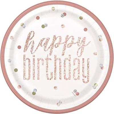 Image of Unique 84891&quot; Happy Birthday Round Paper Plates 9&quot; Disposable Prismatic Rosegold 8 Pcs, Rose Gold
