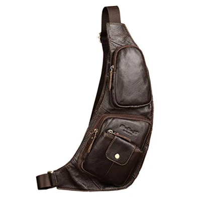 Image of Hebetag Leather Sling Bag Hiking Daypack for Men Women Outdoor Travel Camping Fishing Crossbody Shoulder Chest Pack Backpack, Coffee