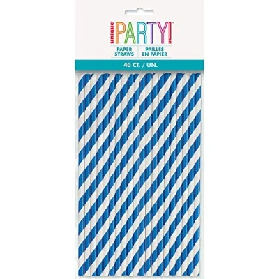 Image of Stylish Royal Blue Striped Paper Straws Perfect for Birthday Parties &amp; Everyday Use 40ct