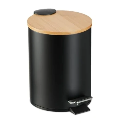 Image of Relaxdays Step Pedal Bin, 3 Litre, Soft close Bamboo Lid, Removable Inside, Bathroom Cosmetic Waste, Metal, Black, Iron, 23.5 x 17 21 cm