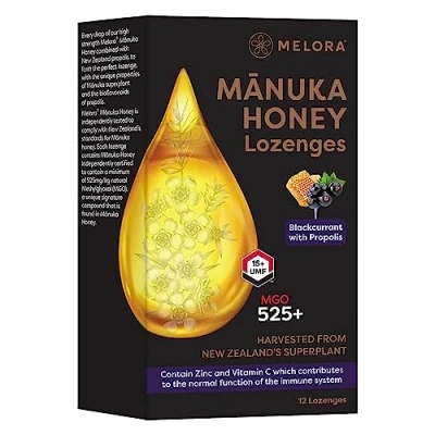 Image of Melora High Strength Manuka Honey Lozenges 525+ MGO UMF 15 with Propolis Naturally Soothing Sore Throat Relief and Immunity Blackcurrant &amp; Peppermint Flavour Pack of 12 (48g)