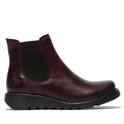 Image of Fly London Womens Red SALV Chelsea Leather Ankle Casual Wedge Heel Boots Wine Size UK 5