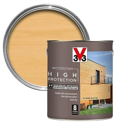 Image of V33 High Protection Woodstain Clear 2.5L 8 Years Guarantee with UV Filters Water Repellent Non drip Formulation Felxible Quick Dry Only 2 Coats Needed