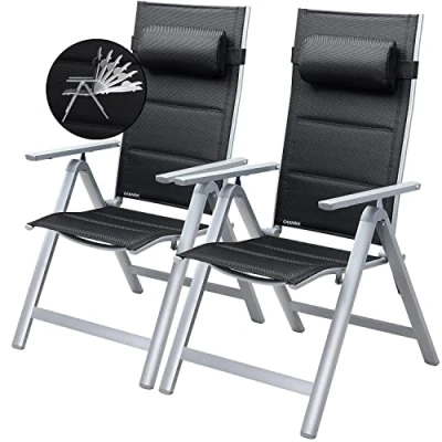 Image of CASARIA® 2x Bern Premium High Back Folding Aluminium Garden Chairs 8 Point Reclining Padded Armchair Foldable Lightweight Outdoor Patio Balcony Dining Furniture Silver