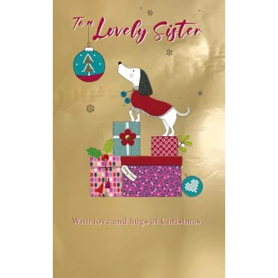 Image of Lovely Sister Dog &amp; Presents Embellished Christmas Card Felt Tastic Xmas Cards XFTS056