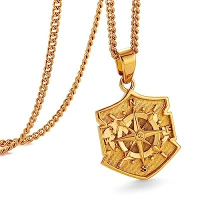 Image of murtoo Compass Necklace, Mens Pendant Necklaces, Gold Necklace for Men， Stainless Steel Necklace， Silver Gifts Men/Women Unisex Sheild