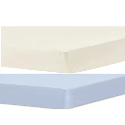 Image of Travel Cot Fitted sheet 95x65 Mattress Sheets 4 Way Stretch Soft Bedsheet Hypoallergenic Elasticated Breathable (Pack of 2, Cream &amp; Blue)