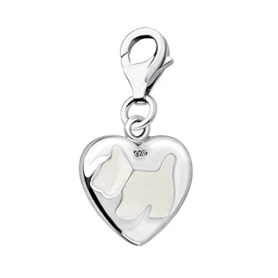 Image of Quiges 925 Sterling Silver White Enamel 3D Dog on Heart Lobster Clasp Charm Clip Pendant