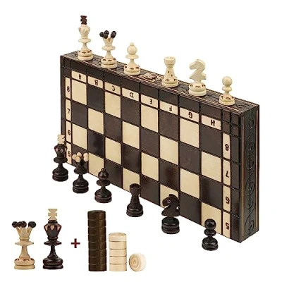 Image of Chess and Checkers Master of CLASSIC PEARL Wooden Board 35cm Set For Adults Kids Handmade Portable Drafts/Draughts