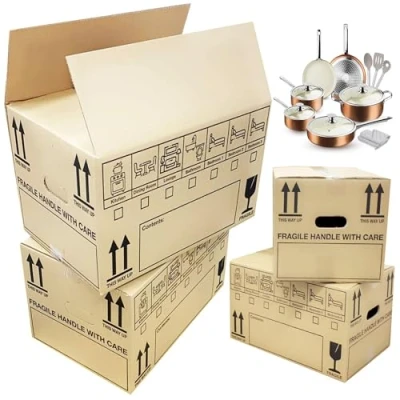 Image of Large Strong Cardboard Packing Moving House Boxes 47cm x 32cm 27cm With Carry Handles &amp; Room List (20 Boxes)