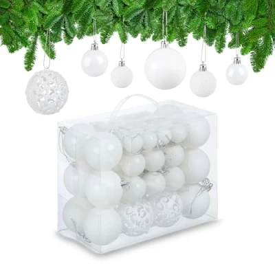 Image of Relaxdays Christmas Bauble Set of 50, Glittery, Matt &amp; Shiny Ornaments, Plastic Xmas Tree Balls, Ø: 3, 4 6 cm, White