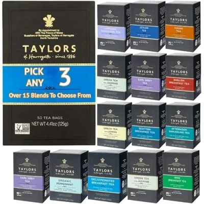Image of Taylors of Harrogate Tea Bags. PICK ANY 3 Boxes (20 Individually Wrapped BAGS Each Pack) from 20+ Flavours Inc. Green tea, Peppermint, White English Breakfast, Cinnamon, Darjeeling 60