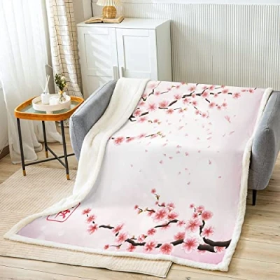 Image of Homemissing Cherry Blossoms Fleece Throw Blanket Girly Pale Pink Blossom Petal Sherpa for Kids Girls Women Watercolor Floral Fuzzy Sofa Bed Japanese Style,Double 60x79 Inch