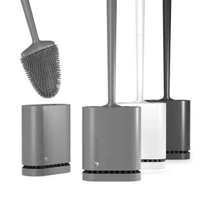 Image of SAVEGA Silicone Toilet Brush with Flat and Flexible Head Quick Drying Holder Modern for Wall Mounting No Drilling (Grey, Matte) Set of 1